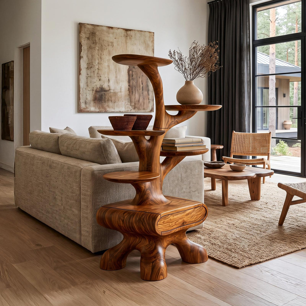 Rustic Tree Side Table With Tiered Display Shelves For Living Room