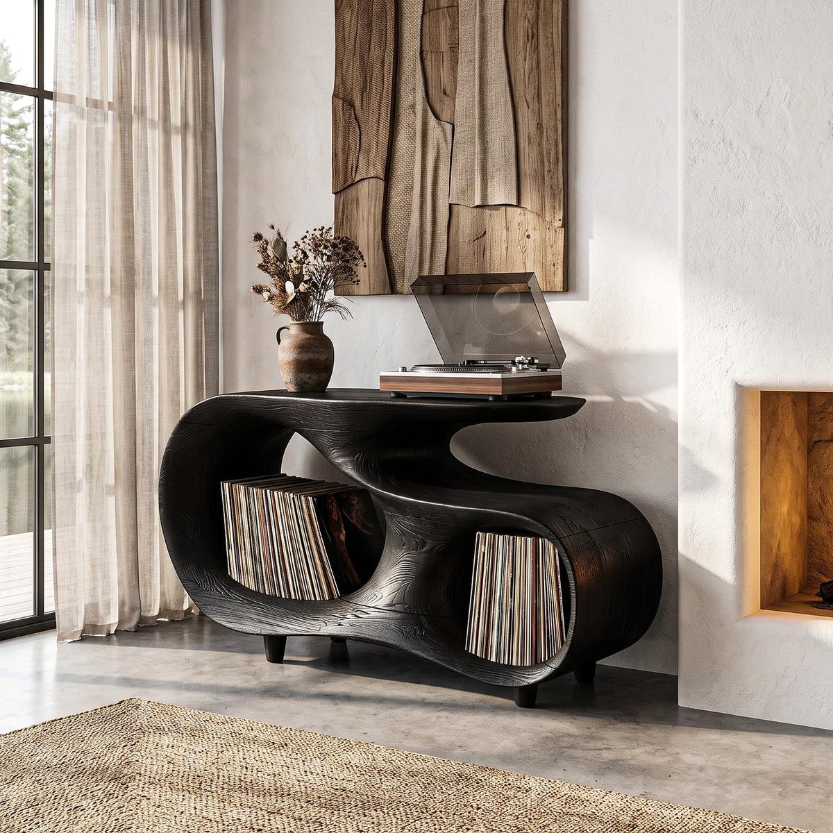 Contemporary Turntable Stand With Flowing Open Frame Design For Entryway