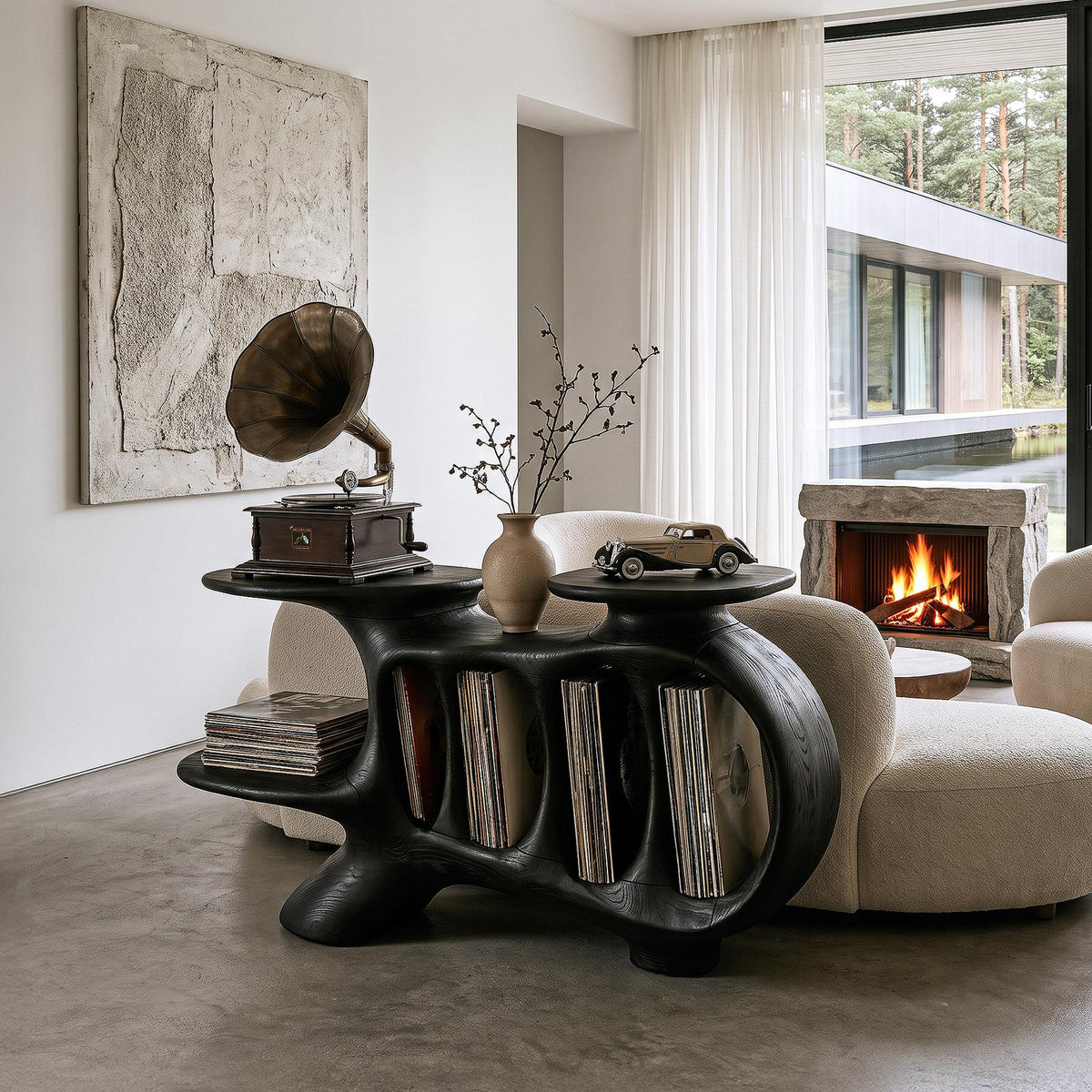 Natural Turntable Console With Sculptural Display Sections For Living Room