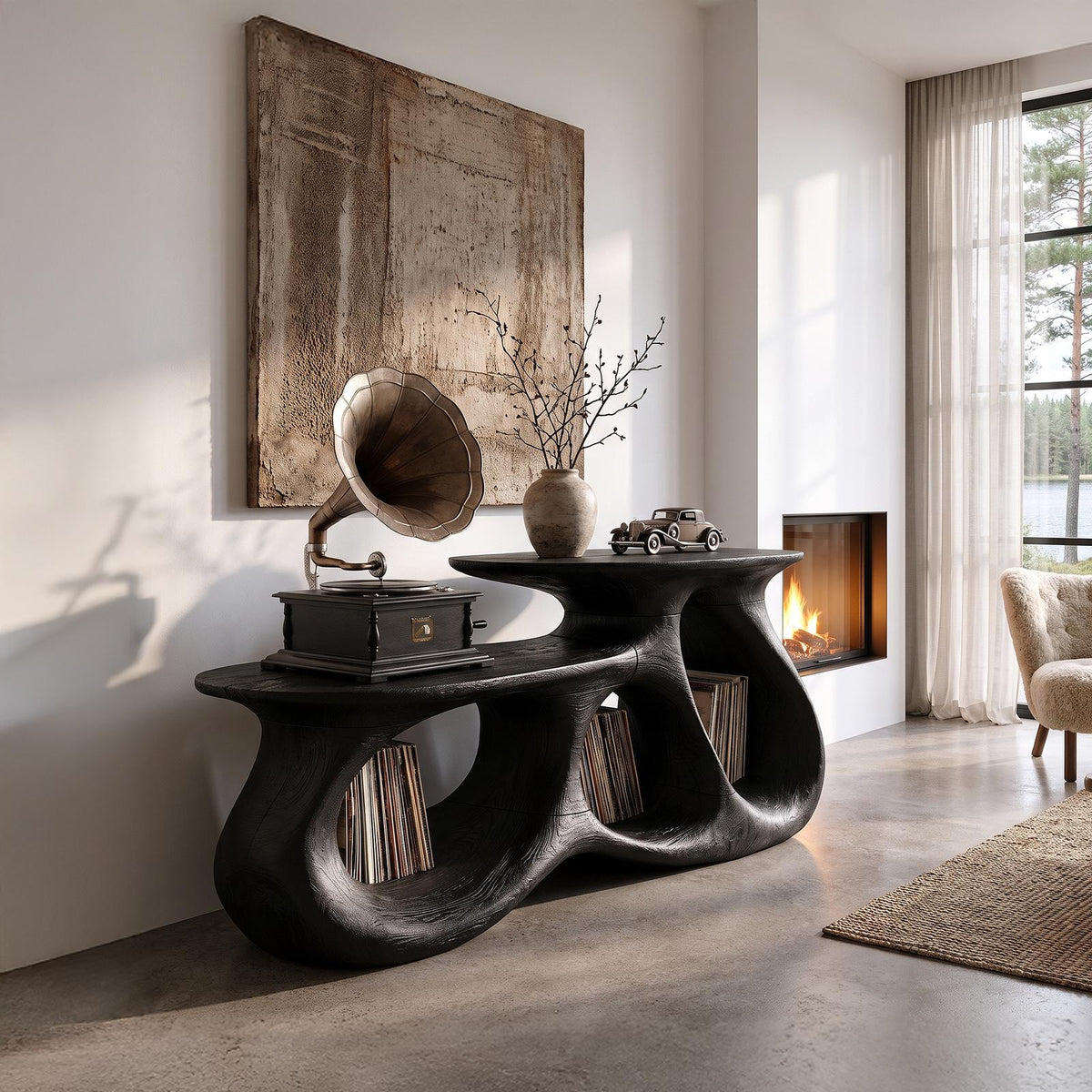 Contemporary Vinyl Record Cabinet With Interlocking Curved Forms For Living Room