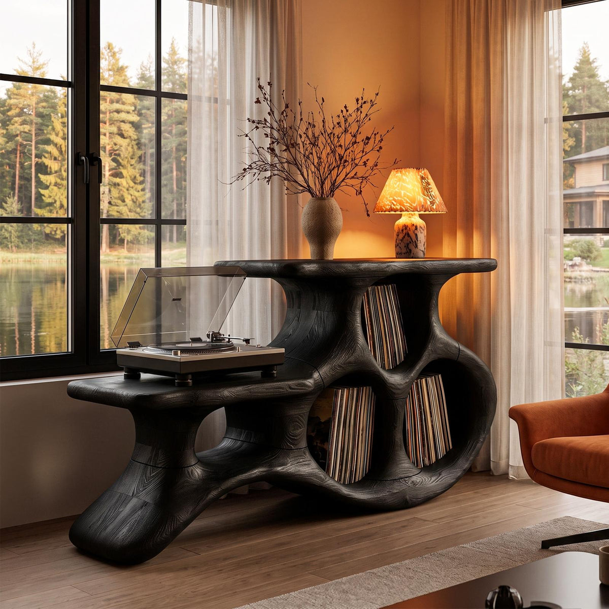 Organic Turntable Cabinet With Abstract Rounded Frame For Living Room