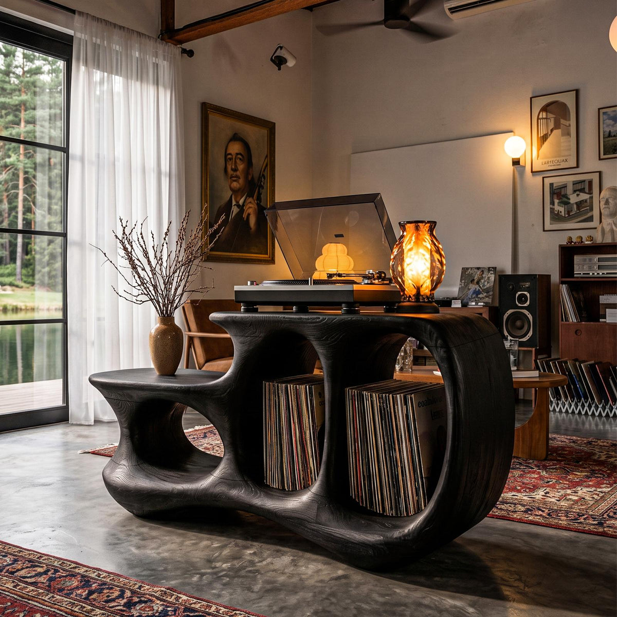 Natural Record Player Stand With Flowing Sculptural Frame For Living Room