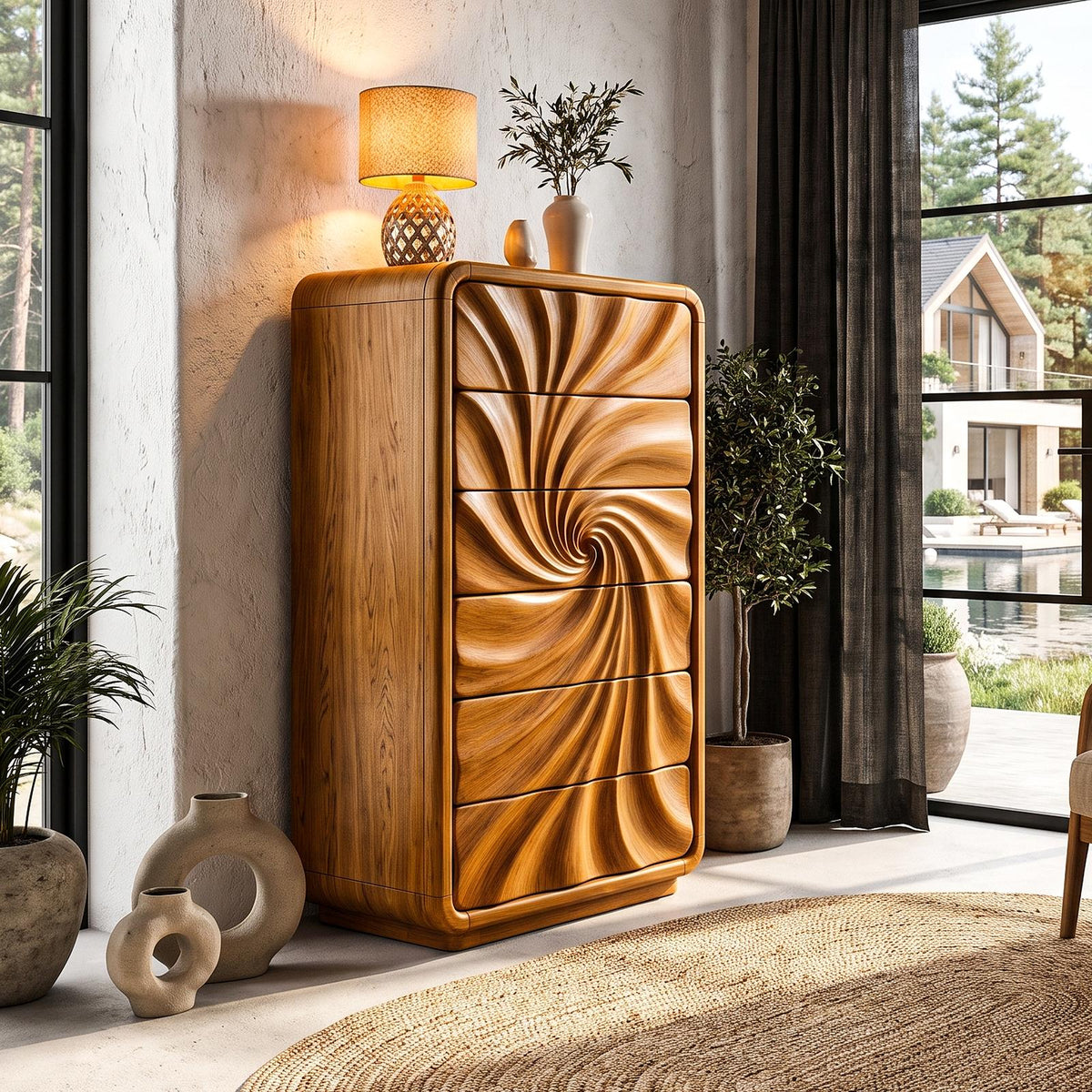 Modern Tall Dresser With Flowing Wave Drawer Design For Bedroom