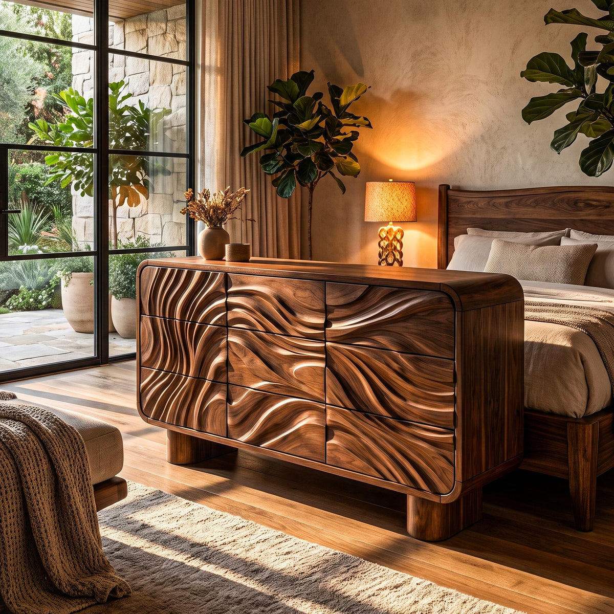 Contemporary Bedroom Dresser Drawers With Sculpted Wave Pattern And Curved Corners For Bedroom