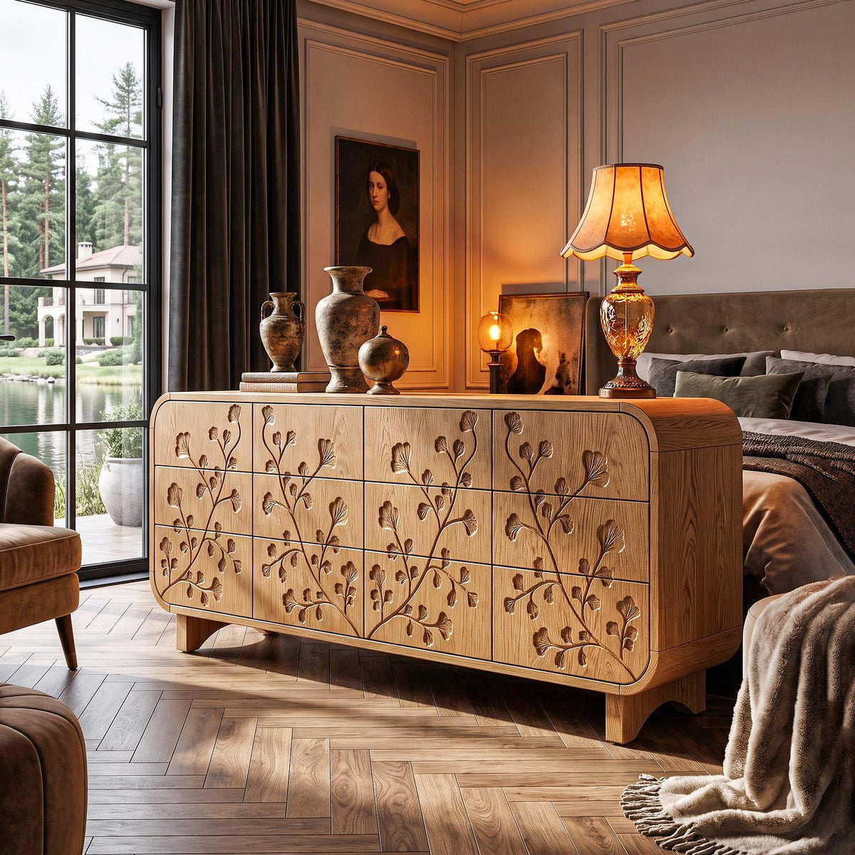 Minimalist All Wood Dresser With Subtle Leaf Carving And Soft Rounded Frame For Bedroom