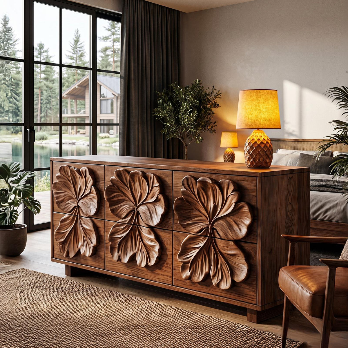 Rustic Bedroom Dresser With Hand Carved Floral Drawer Fronts And Natural Form For Bedroom