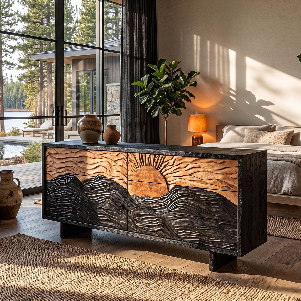 Modern Black Dresser With Mountain Landscape Carved Front For Bedroom