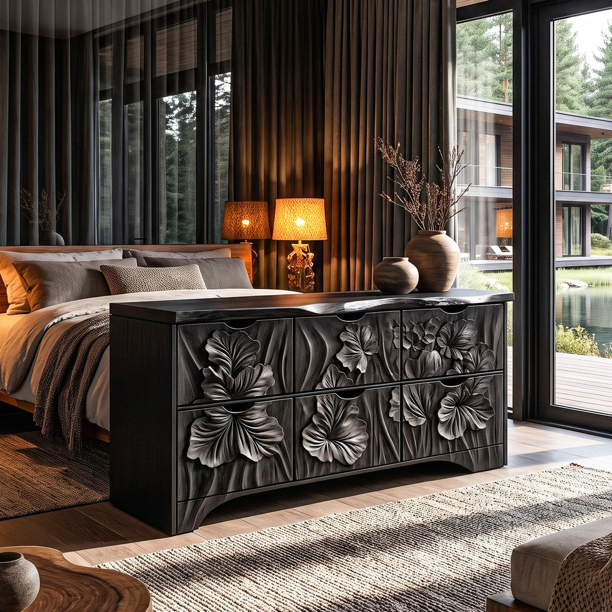 Organic Bedroom Dresser With Flowing Leaf Carved Design For Bedroom