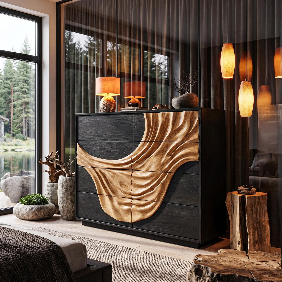 Contemporary Black Dresser With Strong Linear Detailing For Bedroom