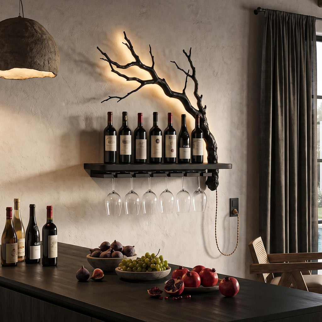 Rustic Wall Mounted Wine Rack With Wine Glass Holder For Dining Room And Home Bar