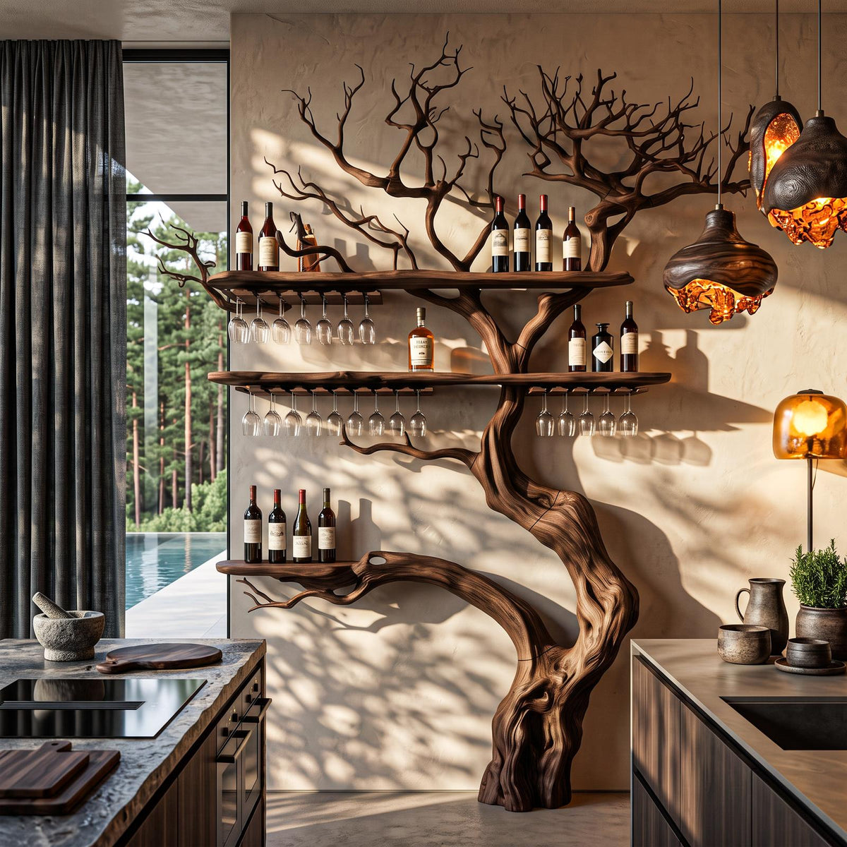 Farmhouse Wall Hanging Wine Rack With Rustic Tree Silhouette For Dining Room