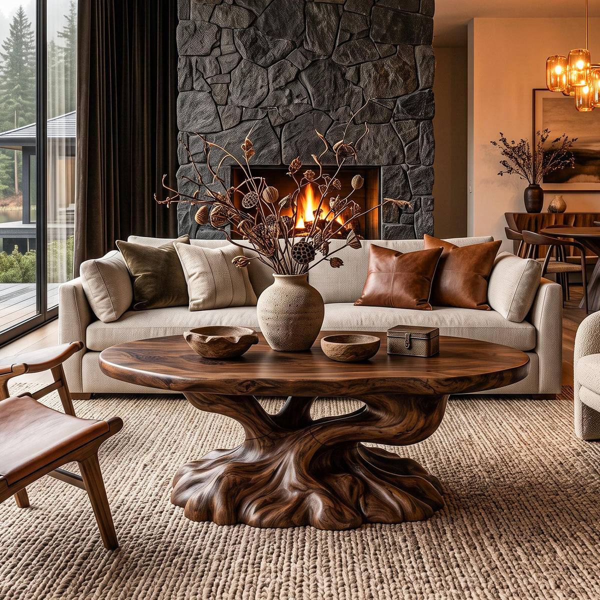 Rustic Coffee Table With Tree Root Inspired Base For Living Room