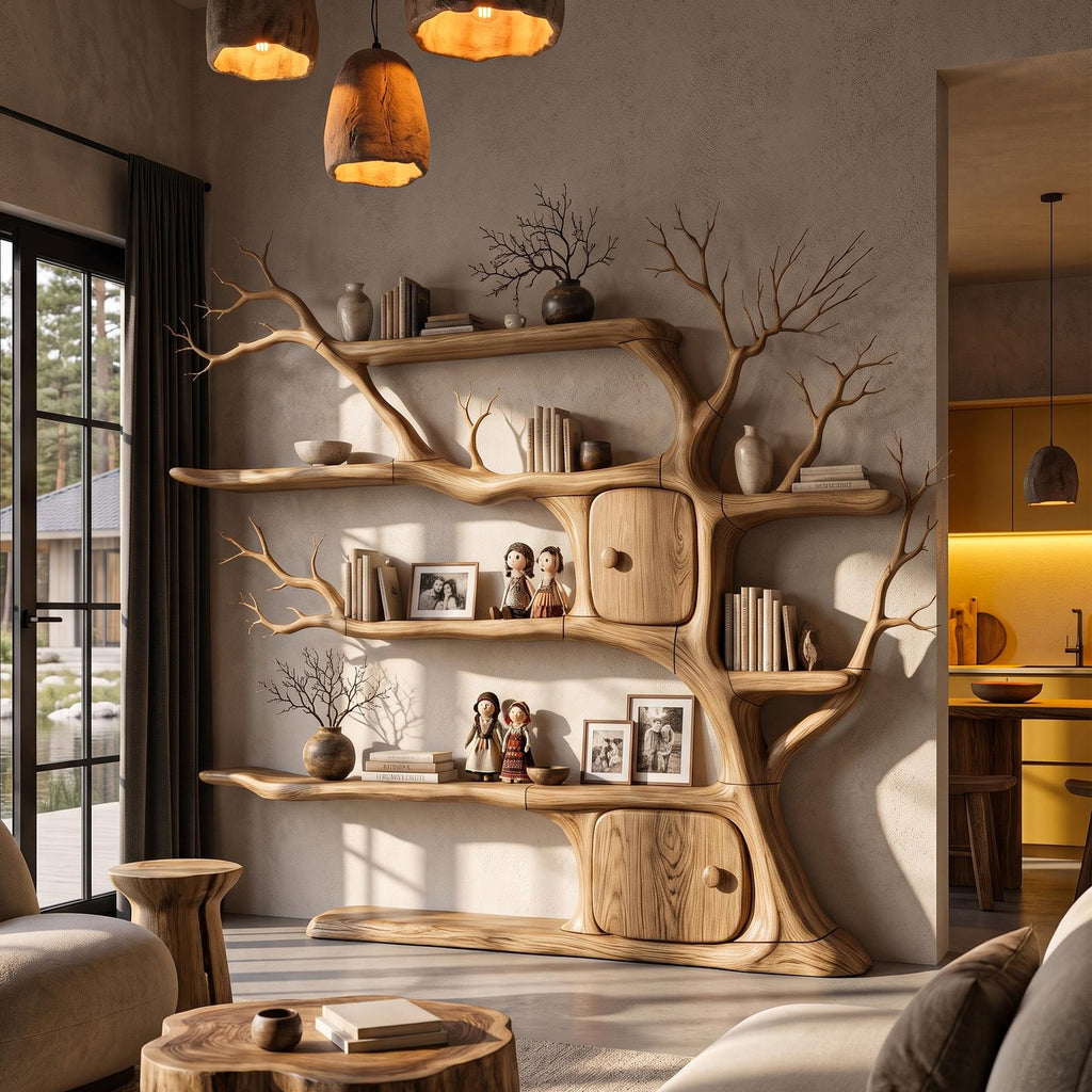 Rustic Wall Mounted Tree Bookshelf With Trunk Inspired Cabinet For Reading Room