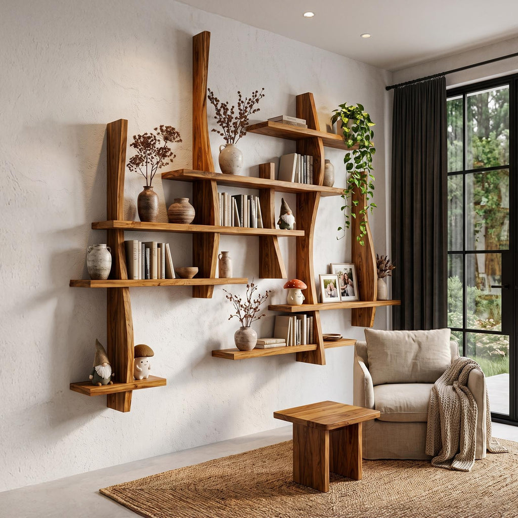 Rustic Floating Bookshelf With Layered Display Shelves For Home Library
