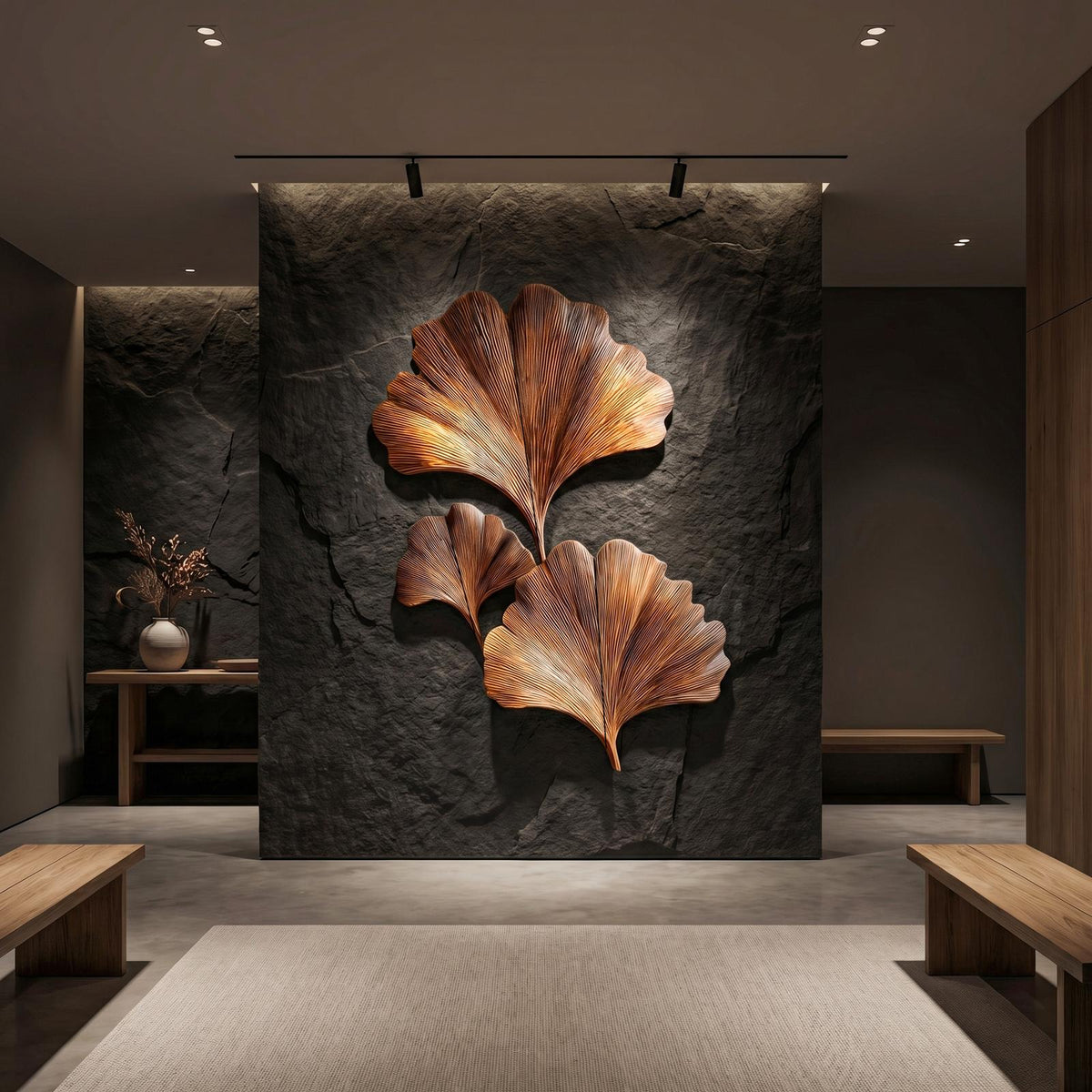 Spry Interior Sculptural Ginkgo Leaf Wood Wall Art, Handcrafted Abstract Botanical Wooden Sculpture for Living Room & Bedroom, SINLHAWD066