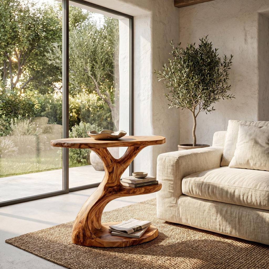 Modern Organic Side Table, Multi-Level Solid Wood End Table & Nightstand for Living Room & Bedroom