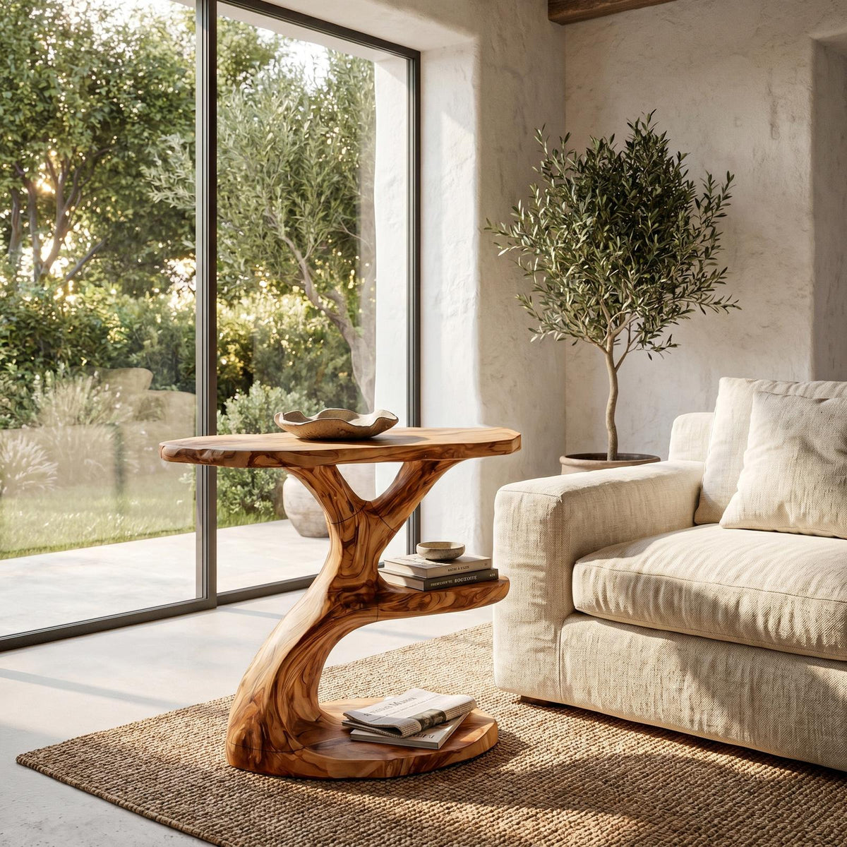 Modern Organic Side Table, Multi-Level Solid Wood End Table & Nightstand for Living Room & Bedroom