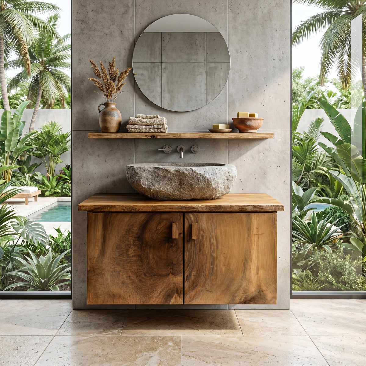 Spry Interior Rustic Natural Wood Bathroom Vanity, Handcrafted Solid Wood Storage Cabinet and Sink Console for Farmhouse Powder Room, SINLHABRV296