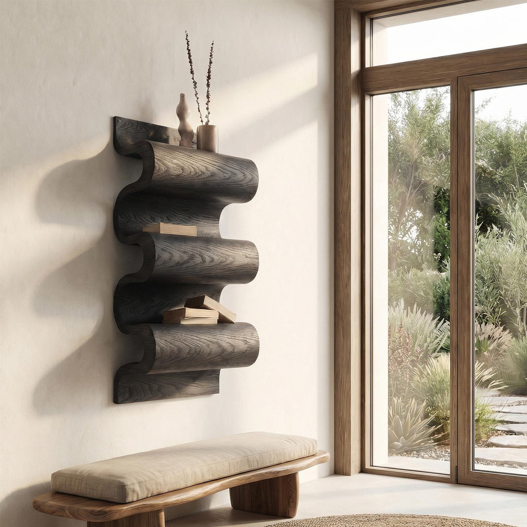 Unique Sculptural Wall Bookshelf, Floating Solid Wood Wave Display Shelf for Living Room & Bedroom
