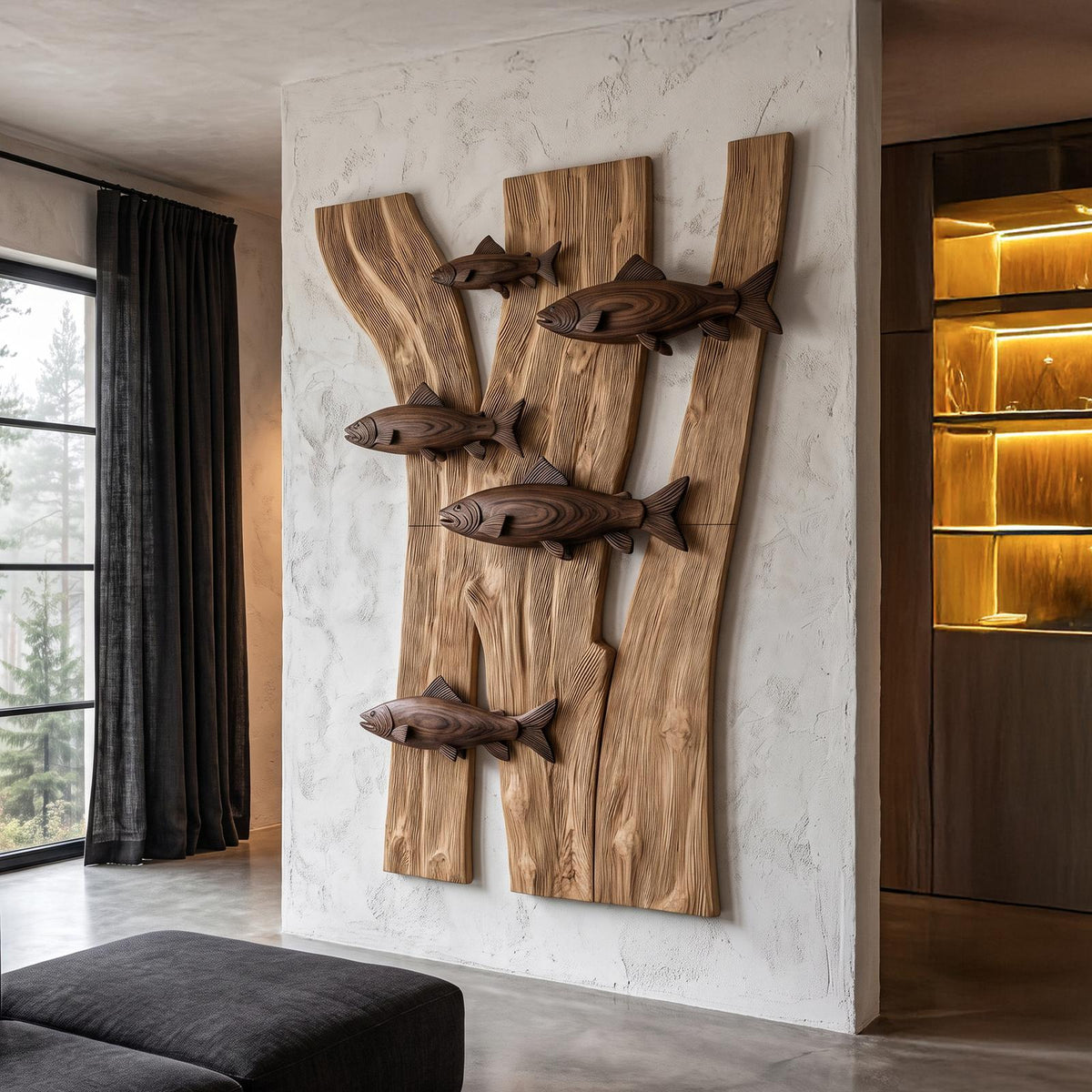 Contemporary Wooden Fish Wall Decor With Sculptural River Scene For Living Room And Entryway SINLHAWA142