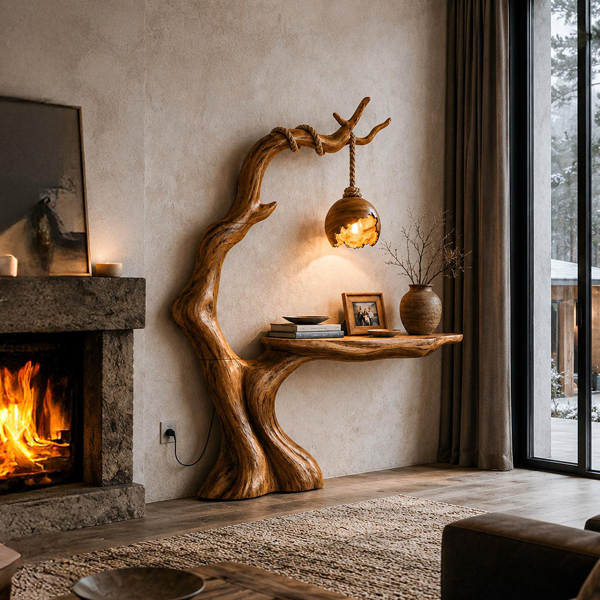 Organic Console Table With Tree Branch Floor Lamp Design For Entryway And Living Room SINLHACS689