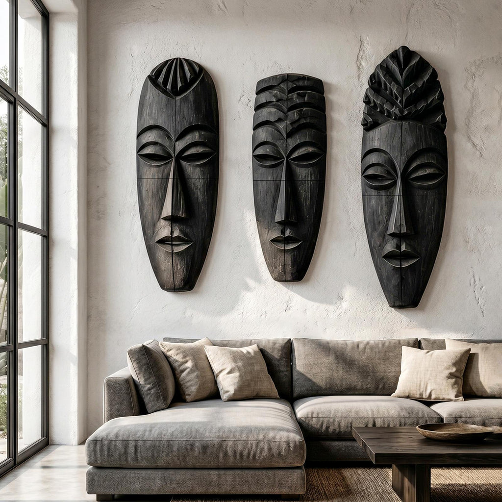 Tribal Wooden Wall Art Set, Hand-Carved African Mask Design Wooden Plaque for Entryway & Living Room
