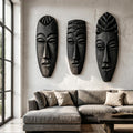 Tribal Wooden Wall Art Set, Hand-Carved African Mask Design Wooden Plaque for Entryway & Living Room