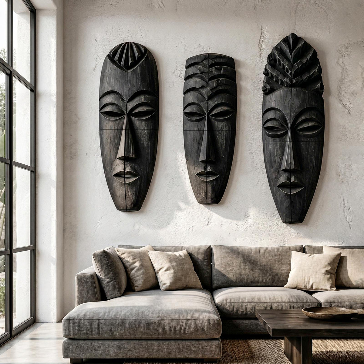 Tribal Wooden Wall Art Set, Hand-Carved African Mask Design Wooden Plaque for Entryway & Living Room