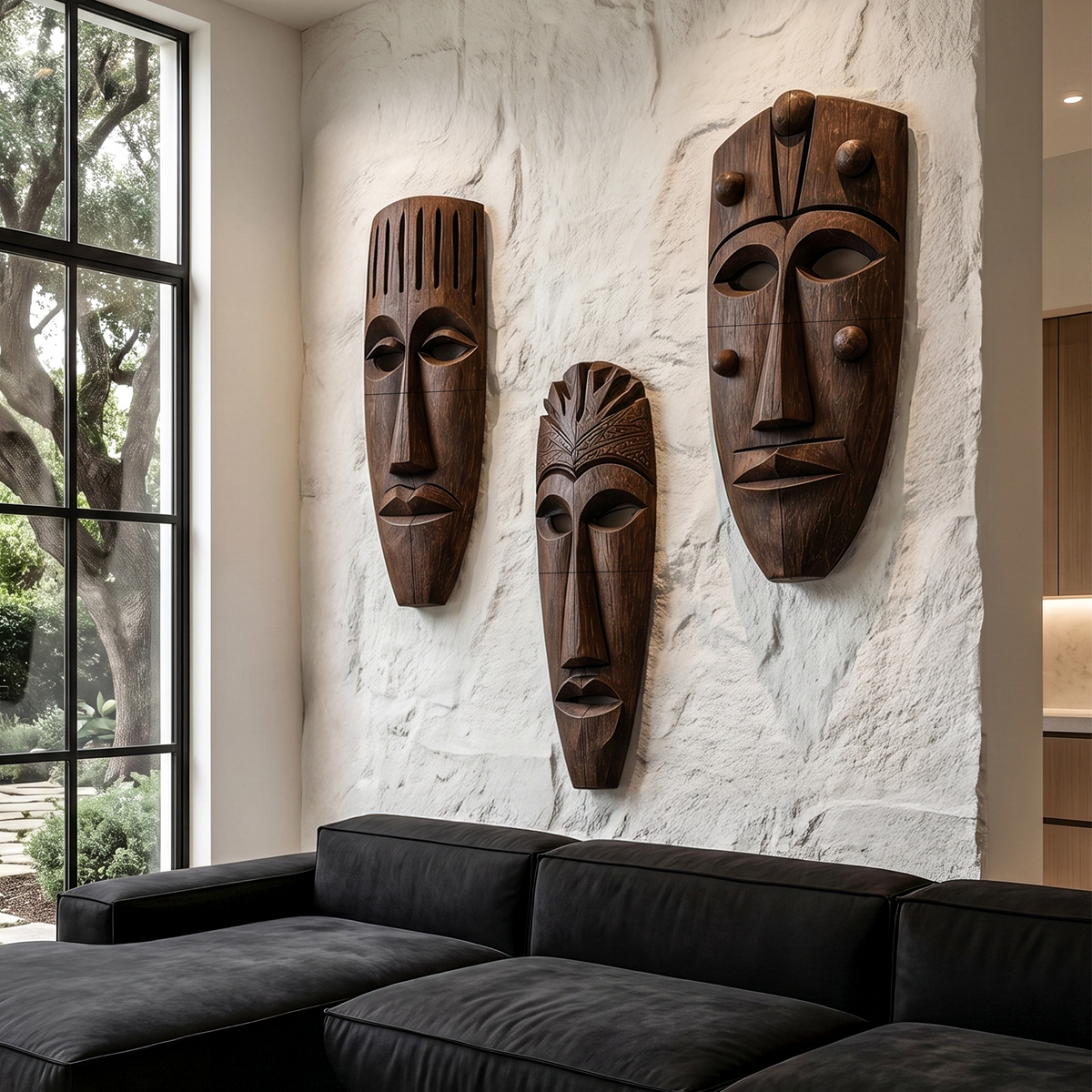 Hand-Carved Wooden Wall Art Set, Tribal Mask Decorative Wood Hanging Sculptures for Living Room & Entryway