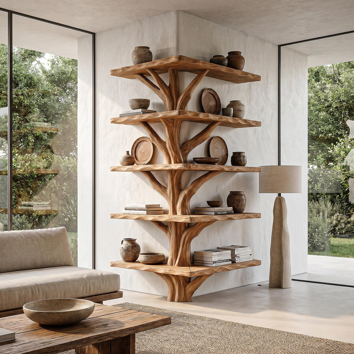 Organic Modern Tree Bookcase, Artistic Branch Solid Wood Storage Rack for Home Office & Study Room