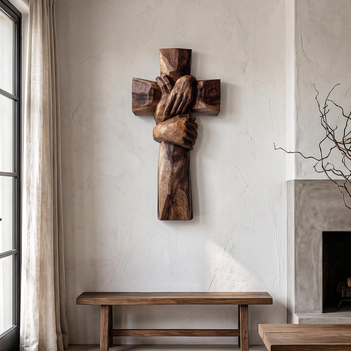 Rustic Wood Cross Wall Art With Praying Hands Design For Living Room And Prayer Room SINLHAWA146