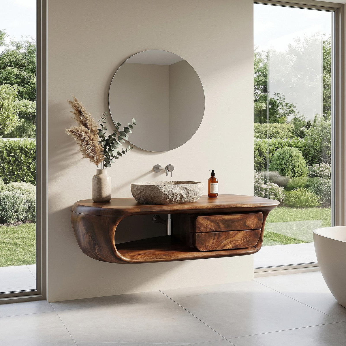 Spry Interior Floating Bathroom Vanity with Curved Wood Base, Wall Mounted Solid Wood Storage Drawer Sink Console, SINLKIBRV304