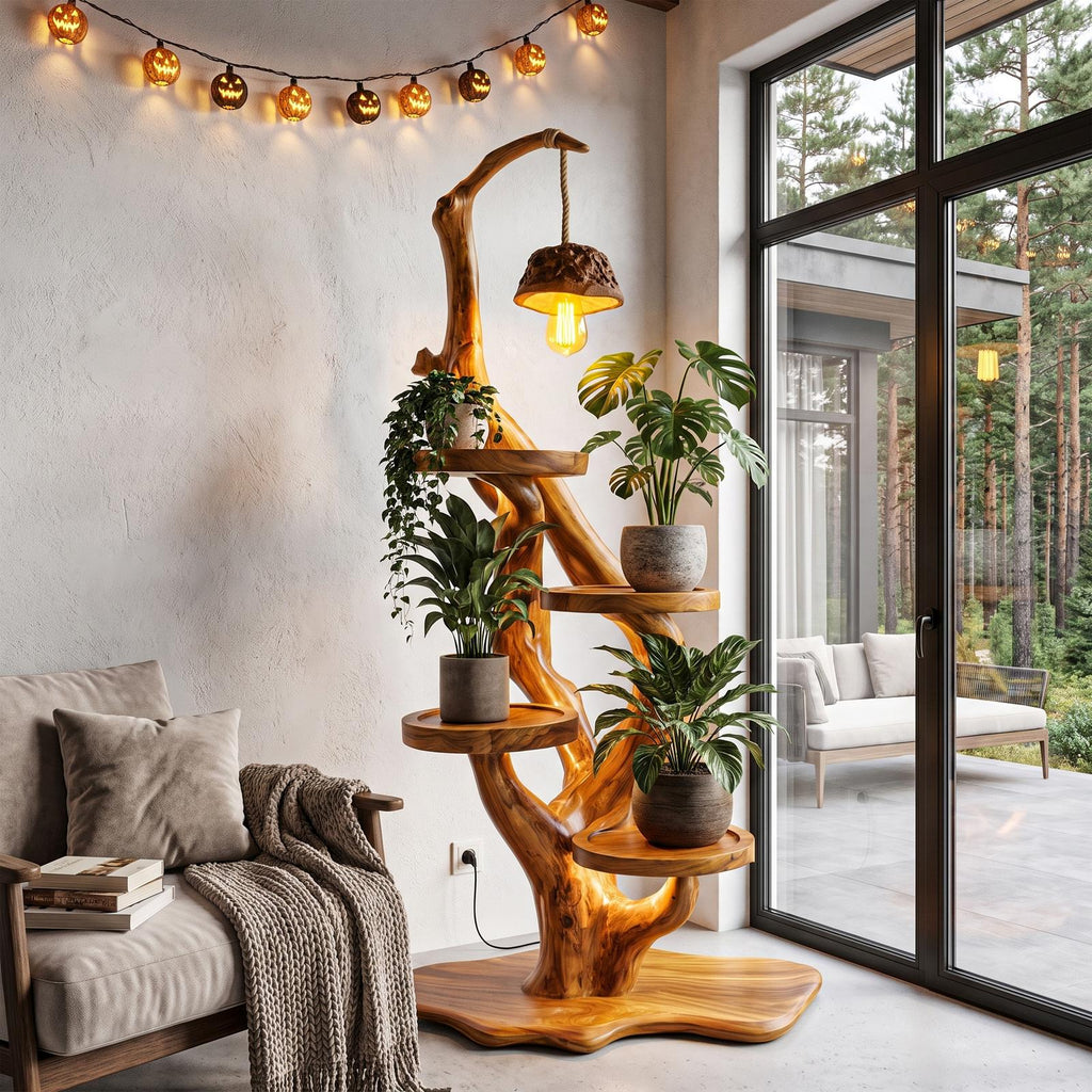 Rustic Halloween Tree Plant Stand With Hanging Lamp For Living Room