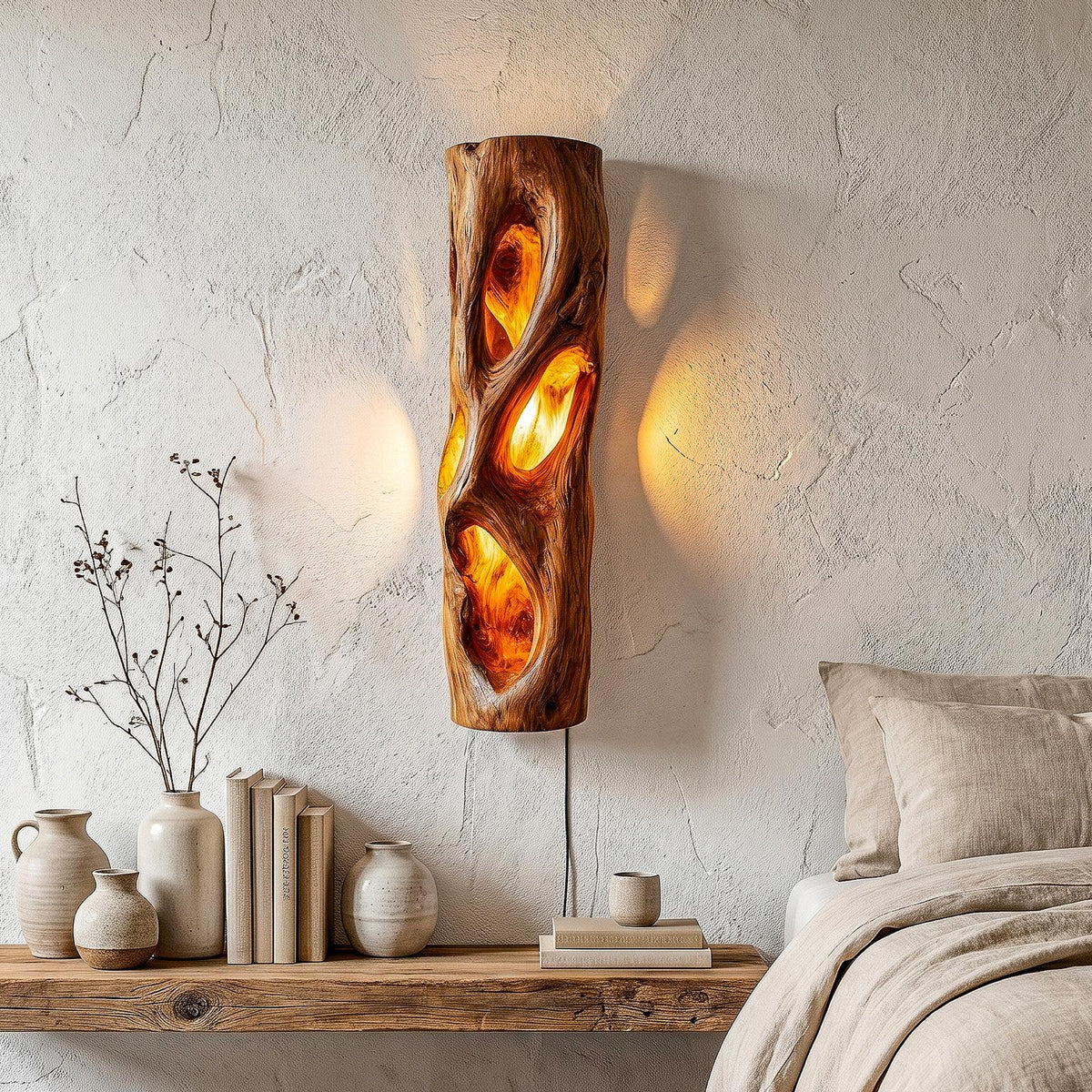 Sculptural Natural Wood Wall Sconce, Unique Handcrafted Solid Wood Wall Mounted LED Light for Living Room, Model