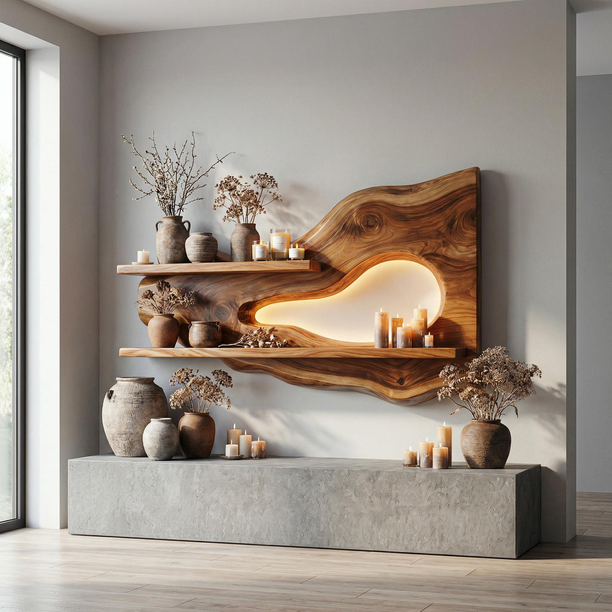 Modern Organic Floating Wall Shelf, Solid Wood Natural Edge Ledge for Entryway, Living Room Decorative Display
