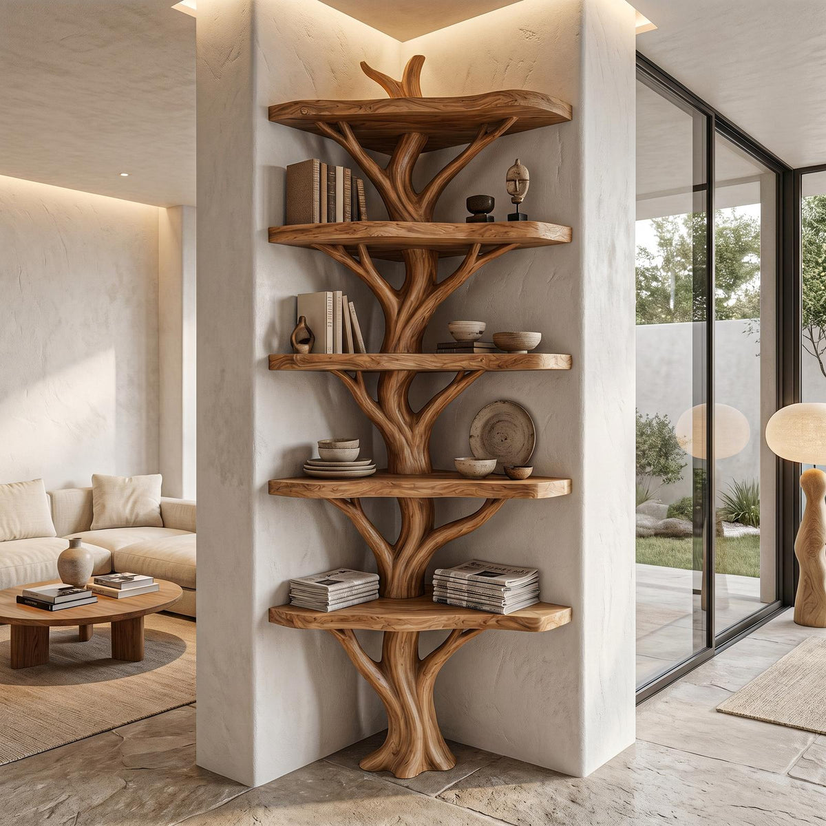 Sculptural Tree Bookshelf, Handcrafted Solid Wood Multi-Tier Open Shelving Unit for Cozy Reading Corner