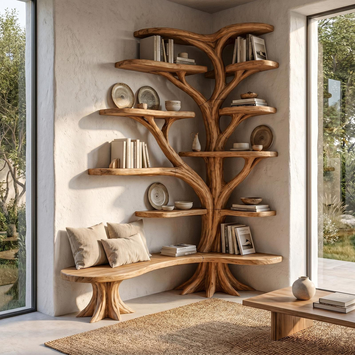 Organic Tree Bookshelf, Sculptural Branch Design Solid Wood Multi-Tier Display Rack for Living Room