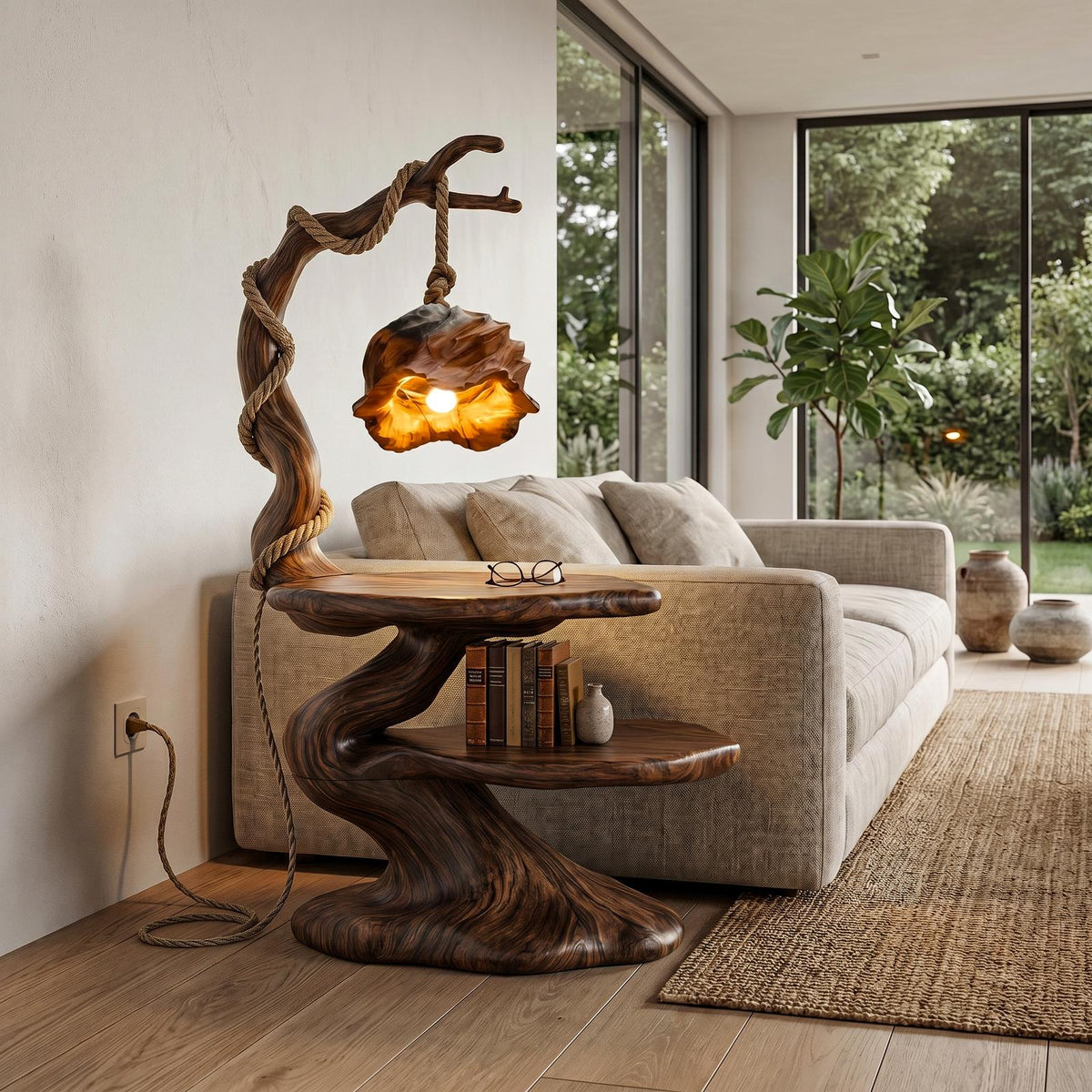 Rustic Bedside Table with Tree Root Design & Hanging Lamp, Handcrafted Solid Wood Nightstand for Bedroom