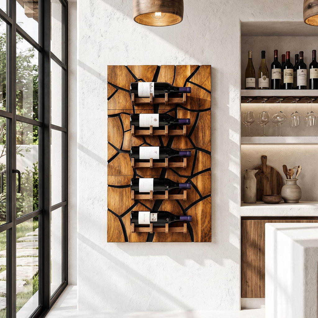 Rustic Wall Mounted Wine Holder With Geometric Bottle Display For Dining Room