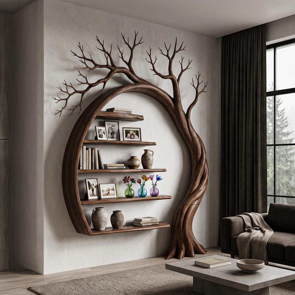 Natural Tree Bookshelf With Circular Branch Design For Living Room And Reading Nook