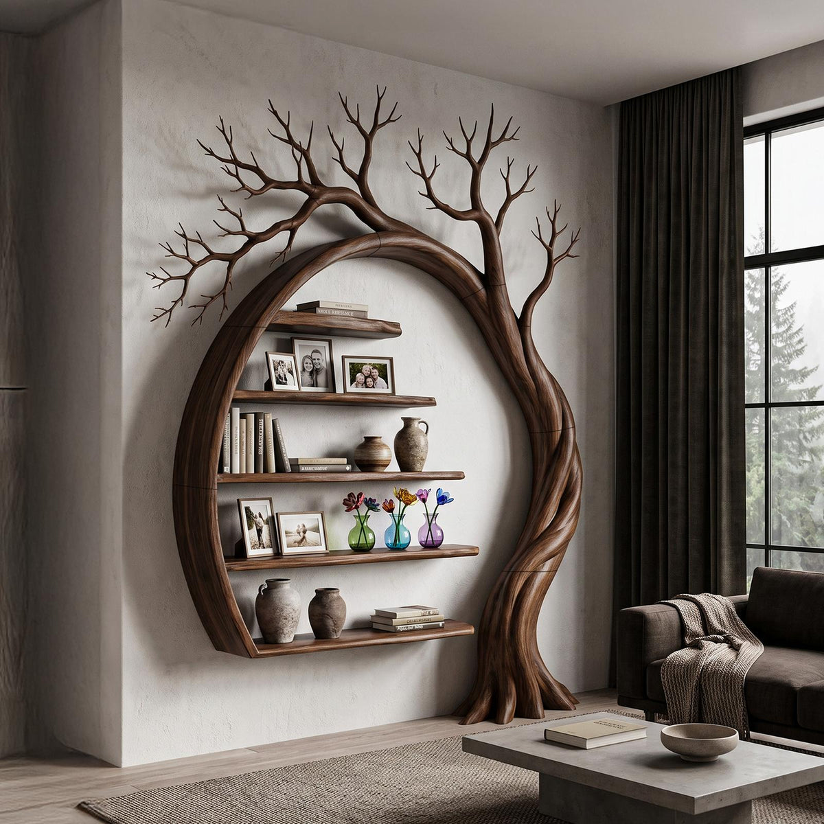 Natural Tree Bookshelf With Circular Branch Design For Living Room And Reading Nook