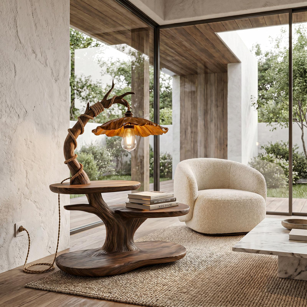 Sculptural Bedside Table with Tree Branch Lamp, Open Storage Shelves, Solid Wood Nightstand for Bedroom