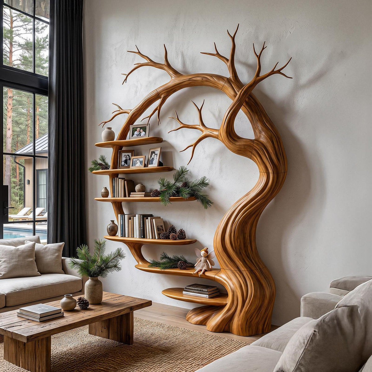 Rustic Tree Bookshelf With Sculptural Tree Branch Design For Living Room And Home Office