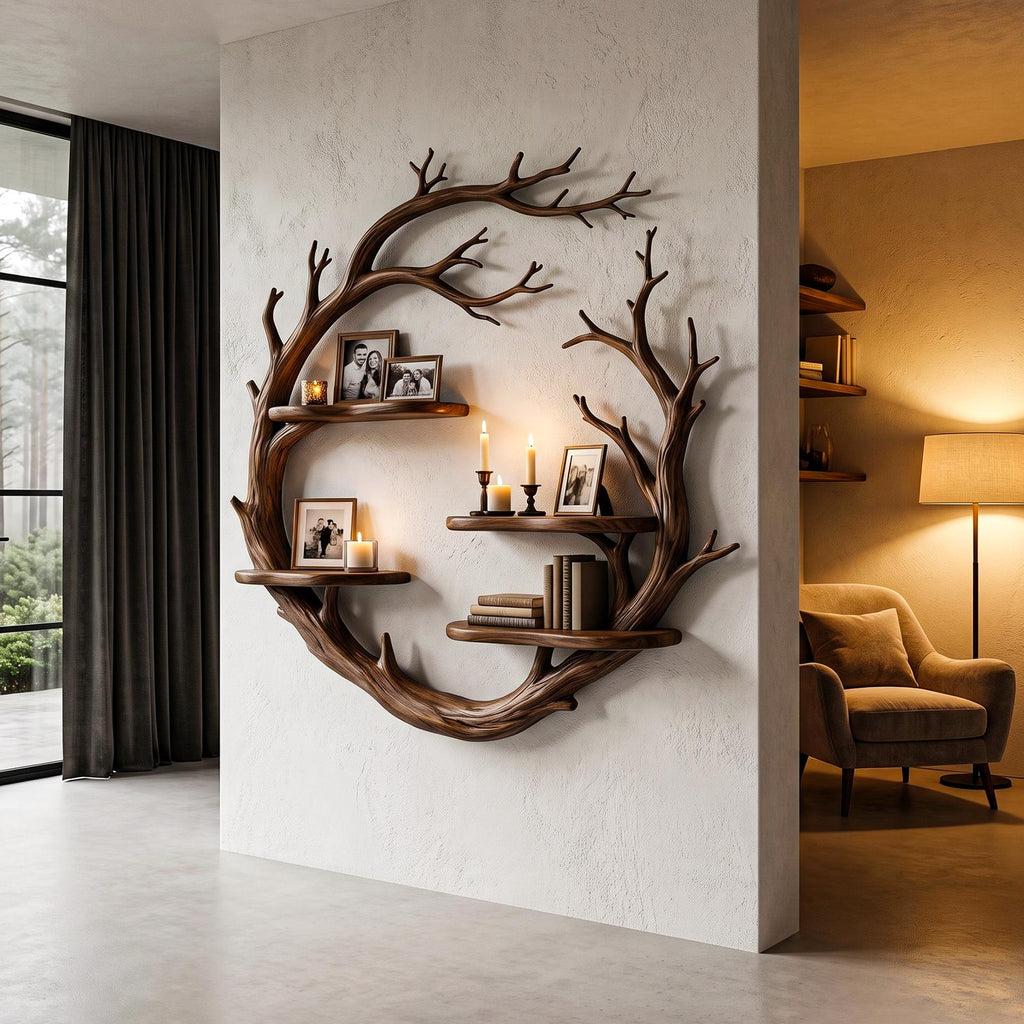 Contemporary Floating Shelf With Tree Branch Display Design For Living Room And Hallway SINLHAFL056