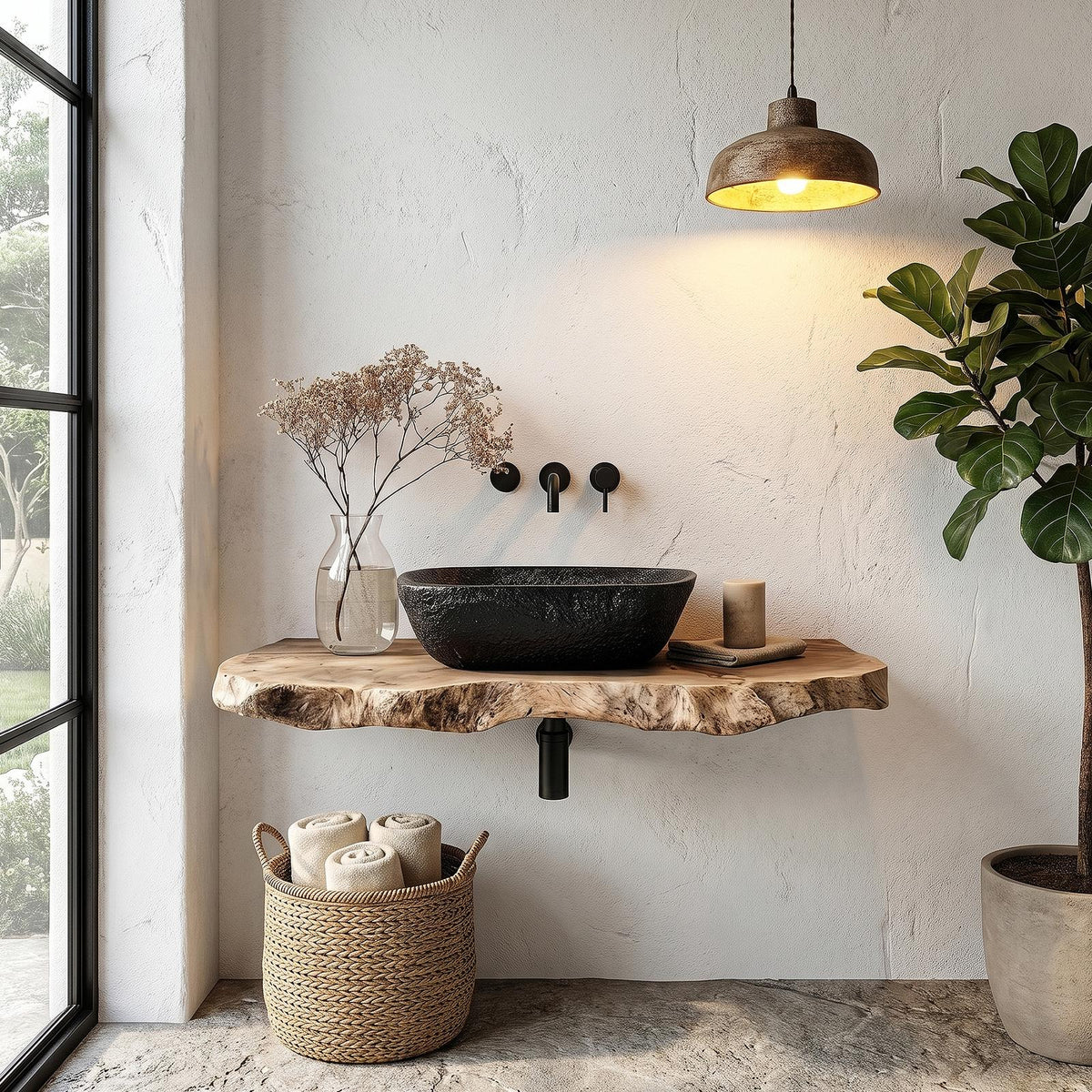 Rustic Floating Bathroom Vanity, Handcrafted Live Edge Solid Wood Shelf for Powder Room & Master Bath