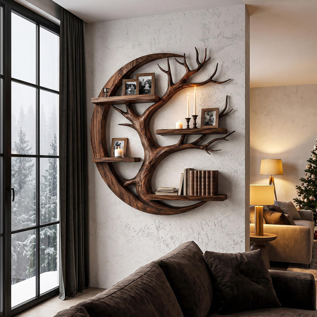Rustic Floating Shelf With Tree Branch Wall Display For Living Room And Entryway
