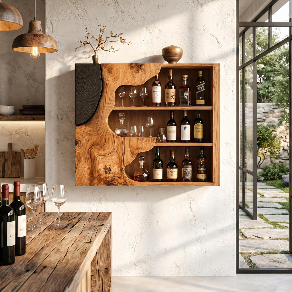 Organic Live Edge Wine Holder Wall Mounted Storage Cabinet For Home Bar
