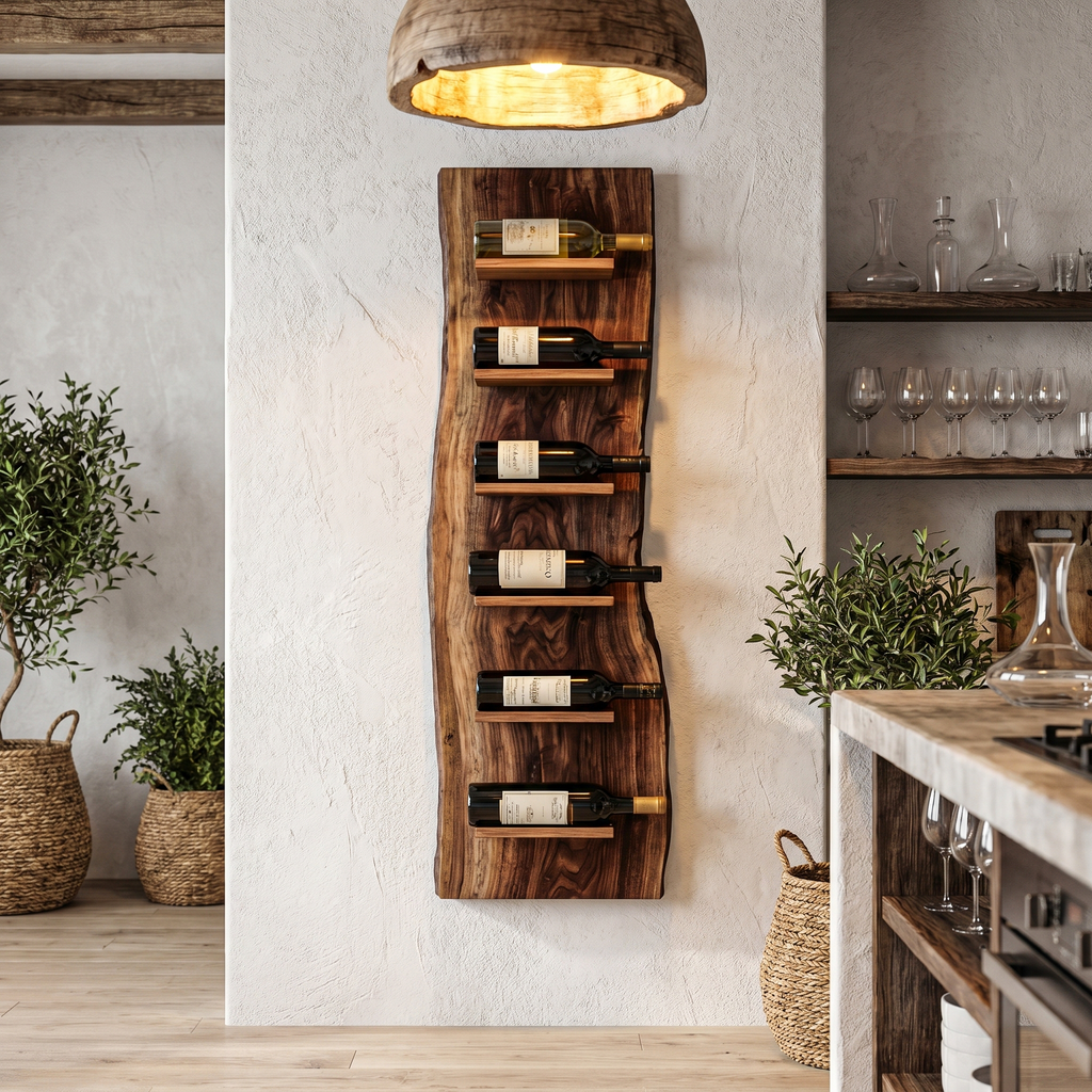 Organic Wall Mounted Wine Rack, Handcrafted Natural Wood Hanging Bottle Holder for Kitchen & Bar