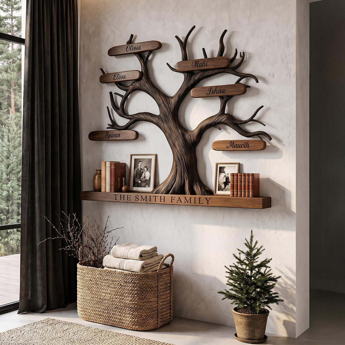 Organic Personalized Tree Wall Bookshelf With Custom Family Name For Living Room And Home Office
