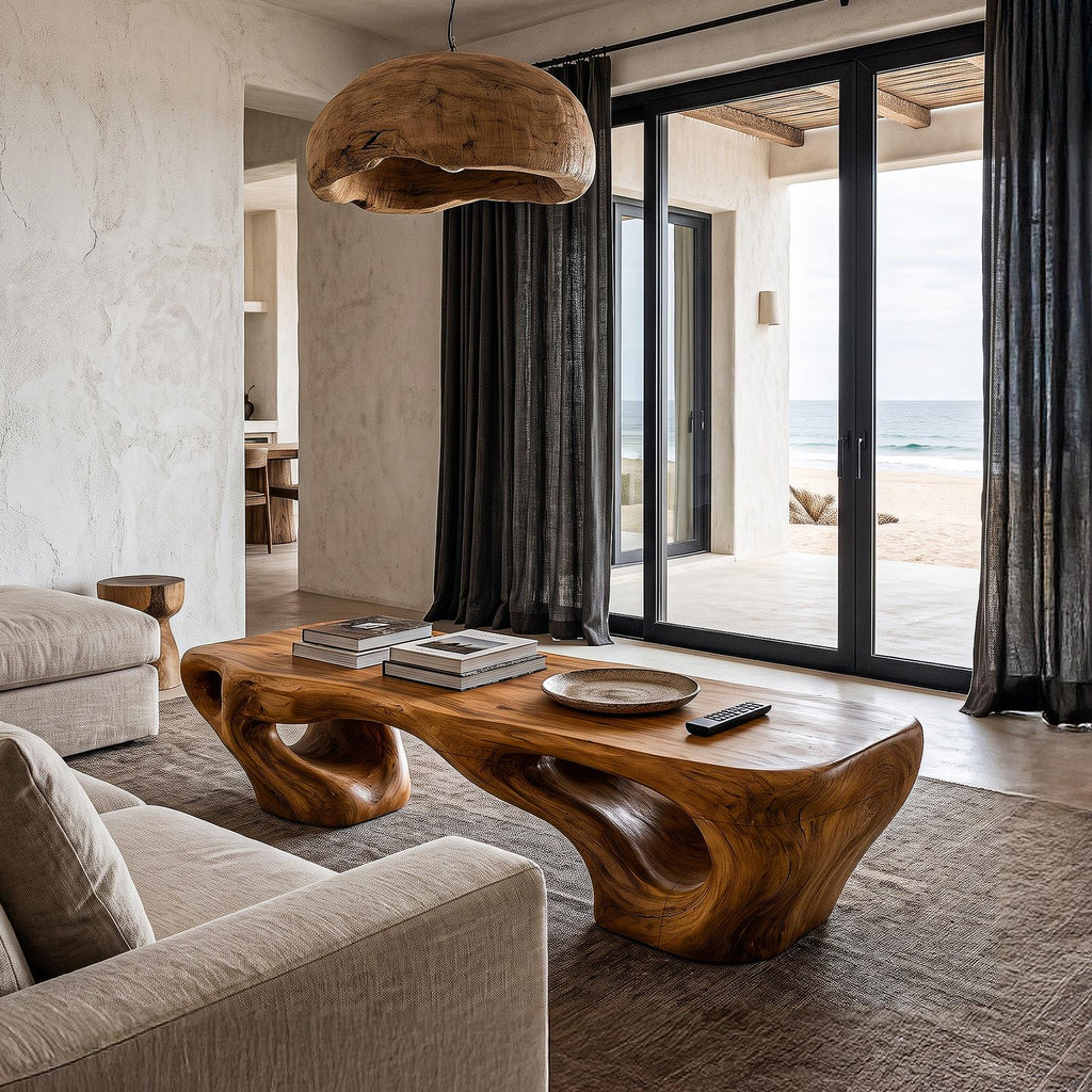 Natural Coffee Table With Carved Tree Stump Form For Living Room And Sitting Room